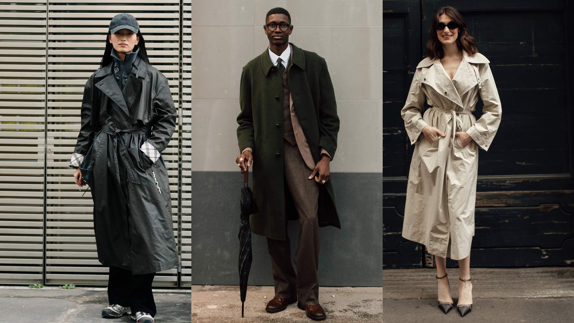Three people wearing a variety of AW26 trench coat styles